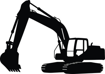 Minimal vector silhouette, excavator digging with bucket extended, solid black, isolated on white. © Saruf