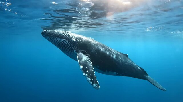 Large humpback whale swimming gracefully underwater in clear blue ocean