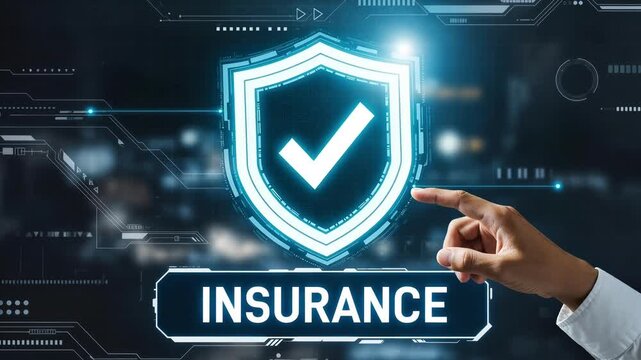 Insurance concept with hand pointing to glowing shield and checkmark on futuristic background