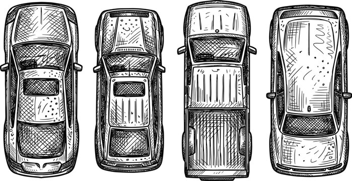 Set of top view hand drawn car vehicle illustrations on blank background for designs