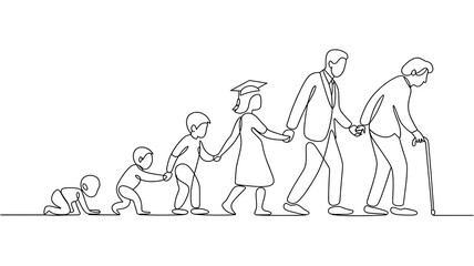 Obraz premium Evolution of Family Generations: Silhouette Line Art Illustrating Life Stages from Childhood to Adulthood and Aging in a Vector Family Tree
