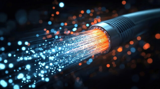 Dynamic simulation illustration of optical signal transmission in fiber optic cables against a black background.