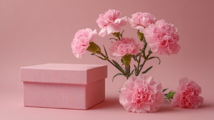 Fototapeta premium Pink Carnations and Gift Box on Soft Pink Background for Valentine