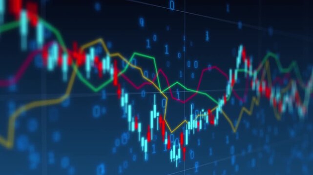 Global financial trading chart with digital stock market data, investment strategy analysis and online exchange technology bit code