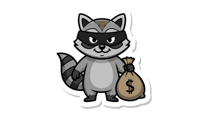 Fototapeta premium Cartoon raccoon thief with money bag in a bandit mask isolated illustration