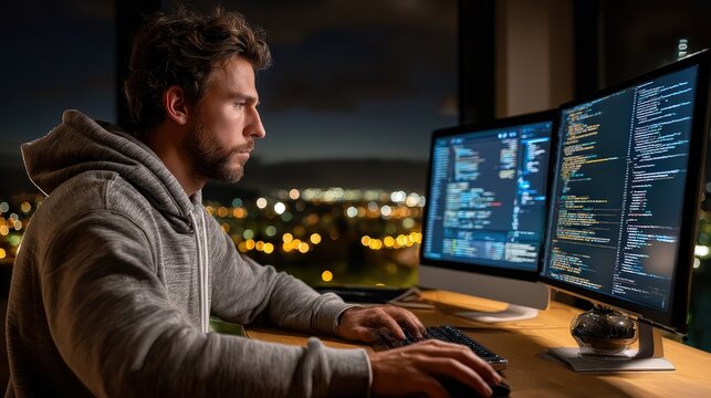 Focused Software Engineer Coding on Dual Monitors at Night