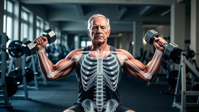 Senior man lifting weights with transparent skeleton overlay in gym