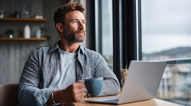 Thoughtful Mature Man Working on Laptop with Coffee in Home Office
