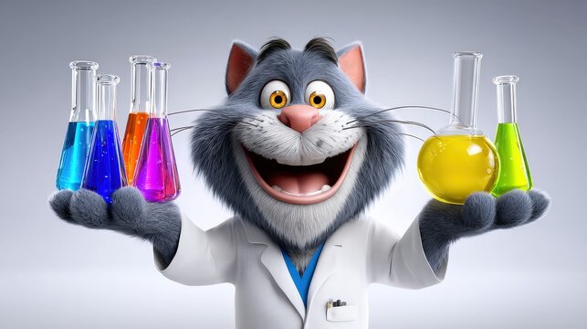 Funny Cat Scientist Experimenting with Colorful Chemistry Beakers