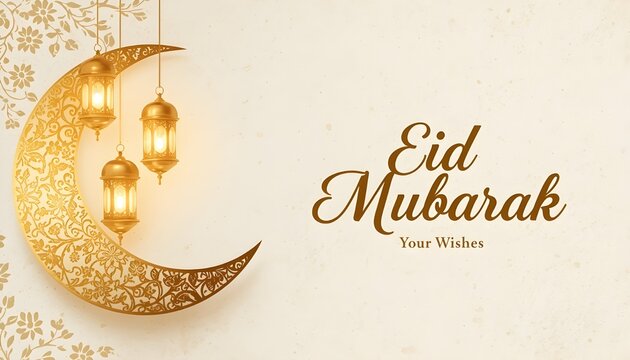 Elegant golden crescent moon with hanging lanterns and eid mubarak greeting on light background
