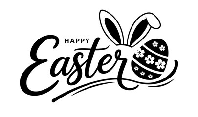 Happy Easter logo with bold script typography, large bunny ears, and floral patterned egg © AFRAN STUDIO