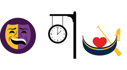 Comedy and Tragedy Drama Mask, Vintage Hanging Station Clock, and Romantic Venetian Gondola with Heart Vector Illustration Set for Travel and Arts © Kulsum