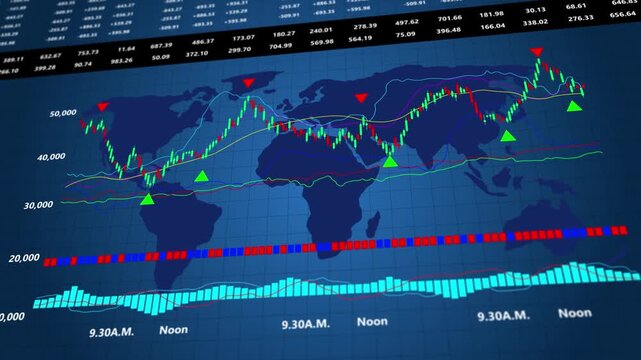Sock global world economic rebound  map wealth invest index and broker profit monitor diagram graph render management strategy