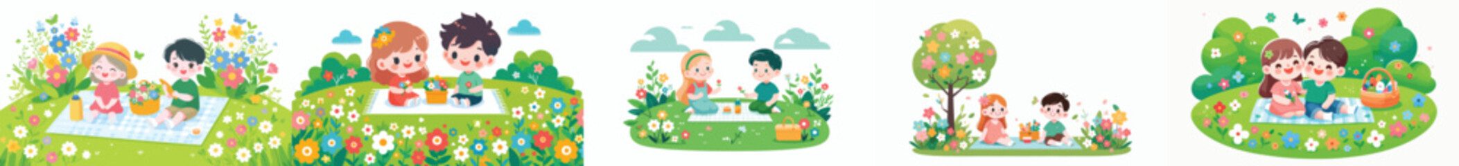 Obraz premium vector happy children having a simple picnic in spring