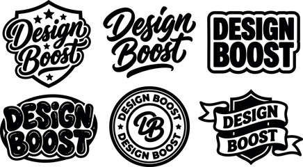 Badge style script and bold logo set design boost wordmark collection six black and white vector emblems retro ornamental stamp