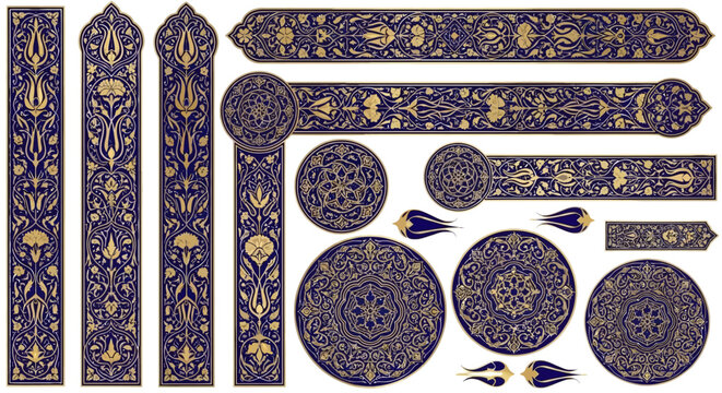 Ottoman Floral Tezhip Art Borders and Islamic Gold Illumination Vector