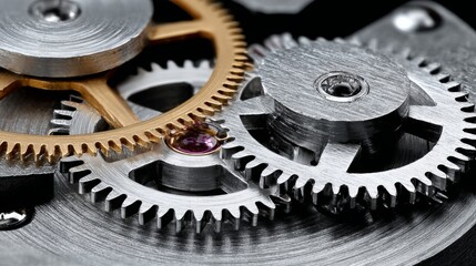 Clock mechanism with gears and cogs close up, detailed clockwork in action inside wall clock, showing metal engineering, precision machinery, time concept, mechanical movement intricate gear system