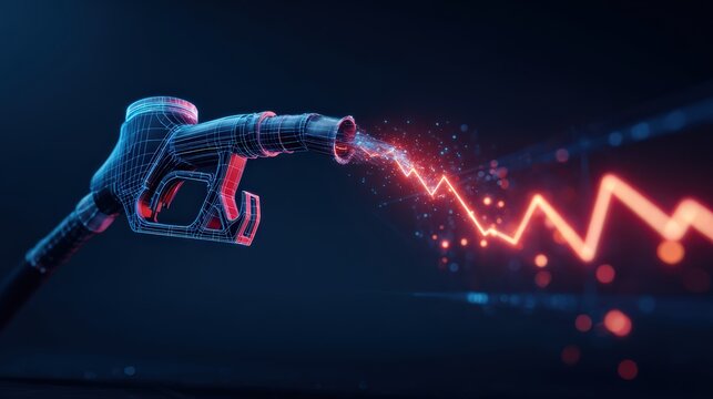 The fuel pump nozzle shoots a rising chart as a symbol of the soaring energy prices. ..Created with Generative AI, not depicting real subjects.