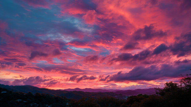 A vibrant pink and purple sunset with clouds over a mountainous landscape