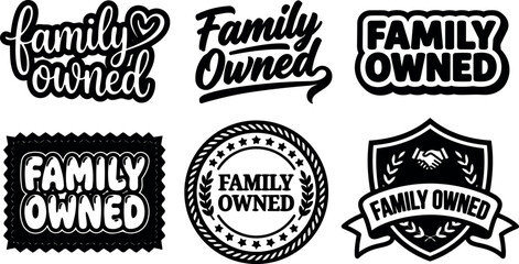 Fototapeta premium Retro badge style top view family owned labels set six monochrome stamp and ribbon emblems with handshake wreath heart motifs