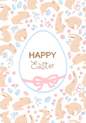 Happy Easter greeting card with cute hand drawn bunnies eggs and spring flowers