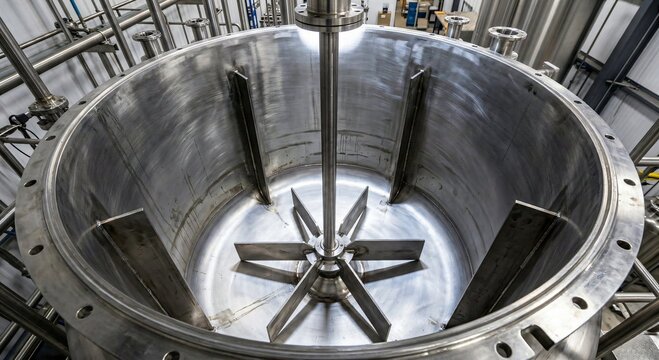 Interior view of an empty stainless steel mixing tank with a central fluid agitator and baffle plates
