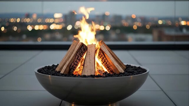 Modern rooftop firepit with city skyline at twilight: intimate outdoor experience