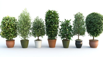 Row of potted shrubs in various shapes and colors