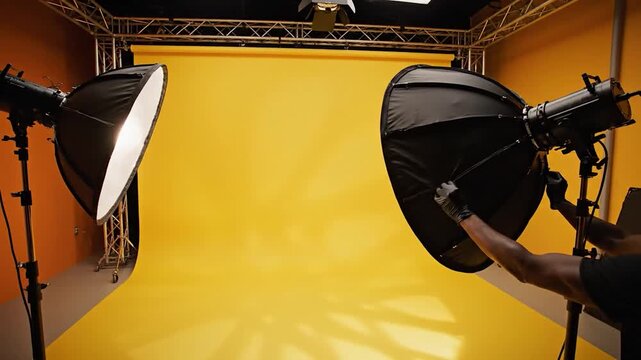 Professional photo studio setup with yellow seamless background and lighting equipment