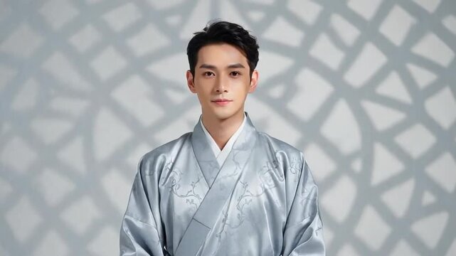 Portrait of a young man in a silver traditional garment with intricate patterns, standing against a textured background featuring geometric designs