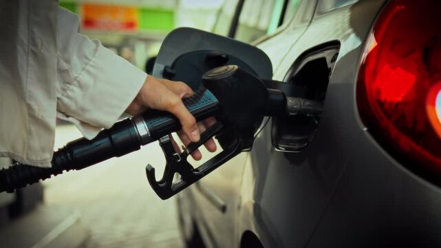 Woman's hand grasps fuel nozzle, carefully inserting it into car's gas tank at busy gas station. pumping process begins, allowing her to fill up her vehicle necessary fuel for continued transportation