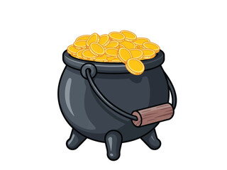 Black cauldron overflowing with shiny gold coins sits ready for Saint Patrick's.