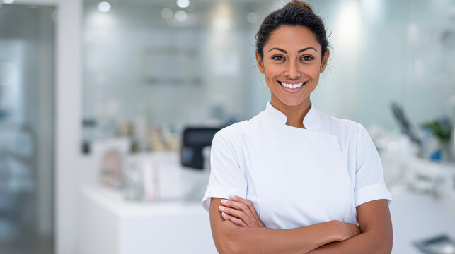 A confident woman in a white uniform smiles with folded arms in a bright, modern, clinical or professional setting.