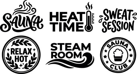 Fototapeta premium Hand lettering sauna badge collection heat time steam room sweat session vector logo set with vintage stamp and modern script