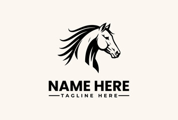 A black and white vector illustration of a horse head logo with flowing mane and customizable text space for name and tagline on a plain background. © vectorvovdesign