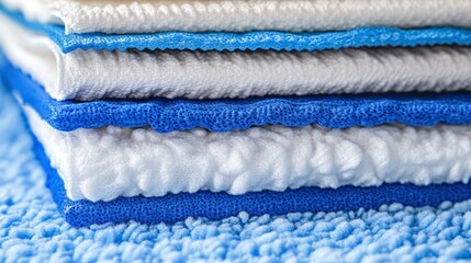 Close-up of stacked cleaning cloths in various colors and textures