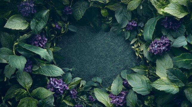 Floral wreath frame on dark backdrop