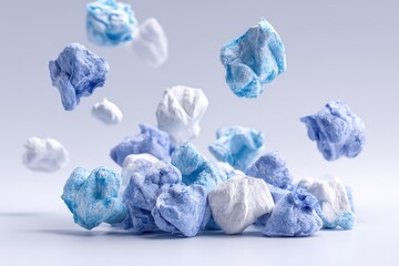 Fototapeta premium Abstract Textured Spheres In Blue and White Falling Against a Soft Gray Background with Gentle Lighting and Subtle Reflections Creating a Dreamy Atmosphere