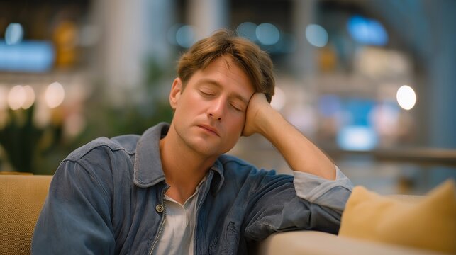 A business traveler struggles with jet lag while seated in an airport lounge, showcasing exhaustion amidst bustling travelers and luggage, emphasizing the impact of long-haul flights. cinematic