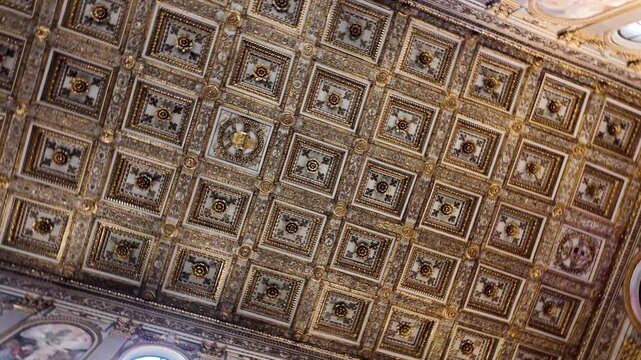 Slow Motion 360 View Of Gilded Coffered Ceiling In Santa Maria Maggiore