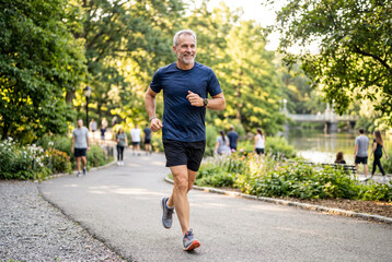 A happy middle-aged man with grey hair is jogging on a paved path in a lush green park during a sunny day, promoting a healthy lifestyle and active retirement for seniors in an urban setting