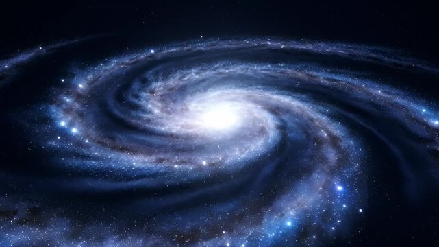 Spiral galaxy rotating in dark space with bright center and swirling arms
