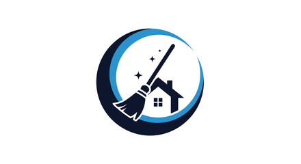 House cleaning logo with broom and shining stars inside a crescent moon. © atha_lintar