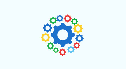 Colorful gears arranged in a circle, symbolizing teamwork and industry