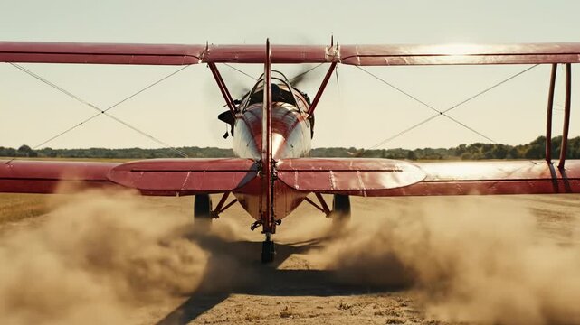 Red biplane on a dirt airstrip, viewed from behind. Wheels kick up dust