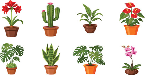Fototapeta premium Indoor Potted Flower and Houseplant Collection with Cactus Monstera Snake Plant Orchid and Tropical Decorative Plants Vector Illustration Set.