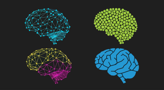 Abstract Brain Icons: Neural Network, Cellular, Geometric, and Wireframe