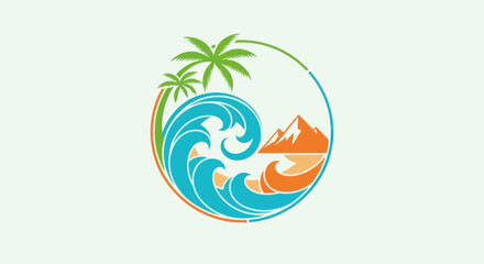 Fototapeta premium Tropical island paradise logo with ocean waves, palm trees, and mountain