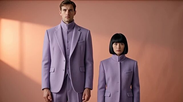 Two models wearing lavender suits against a soft pink backdrop, showcasing modern fashion design with tailored fits and sharp lines