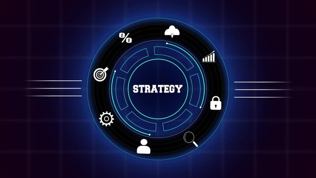 Strategy planning and corporate business development concept, featuring a glowing blue digital circular interface with icons for long term goal achievement.